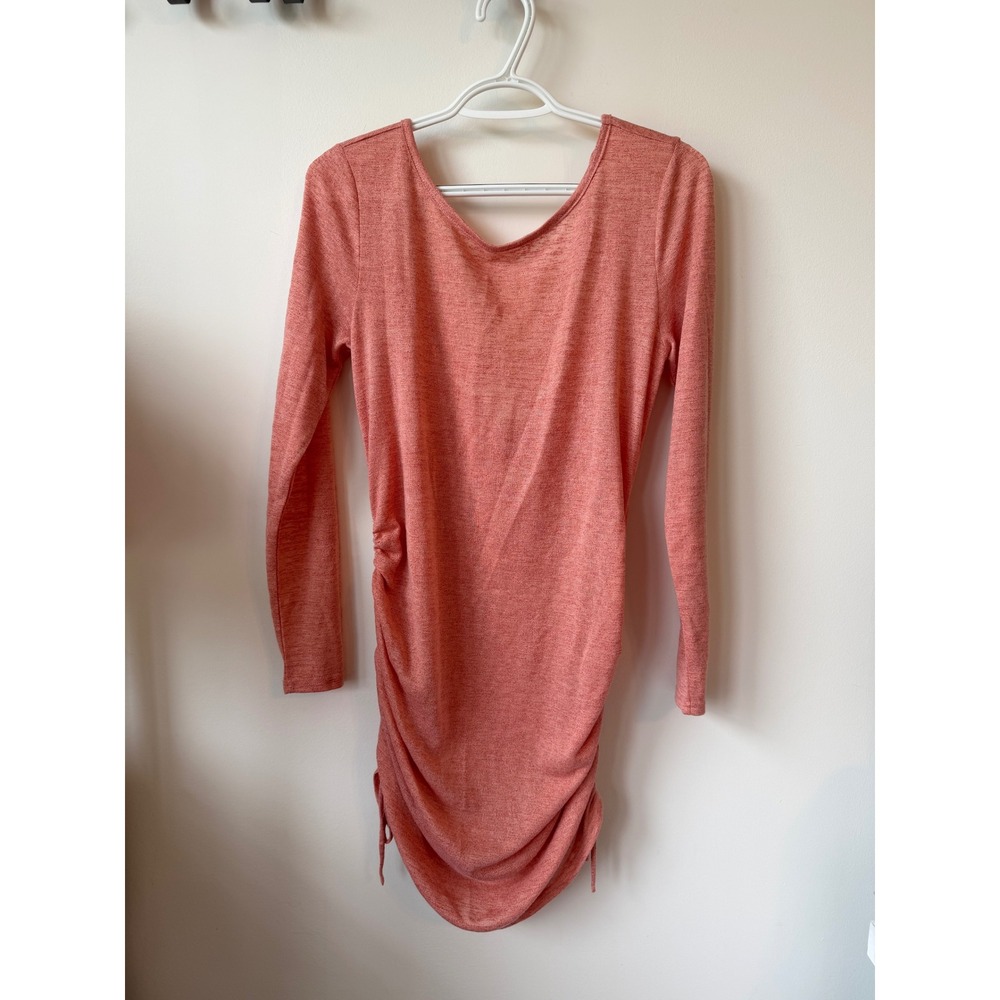 ACOA Long Sleeve Ruched Mini Dress Coral Pink Heathered Scoop Back NWT Small